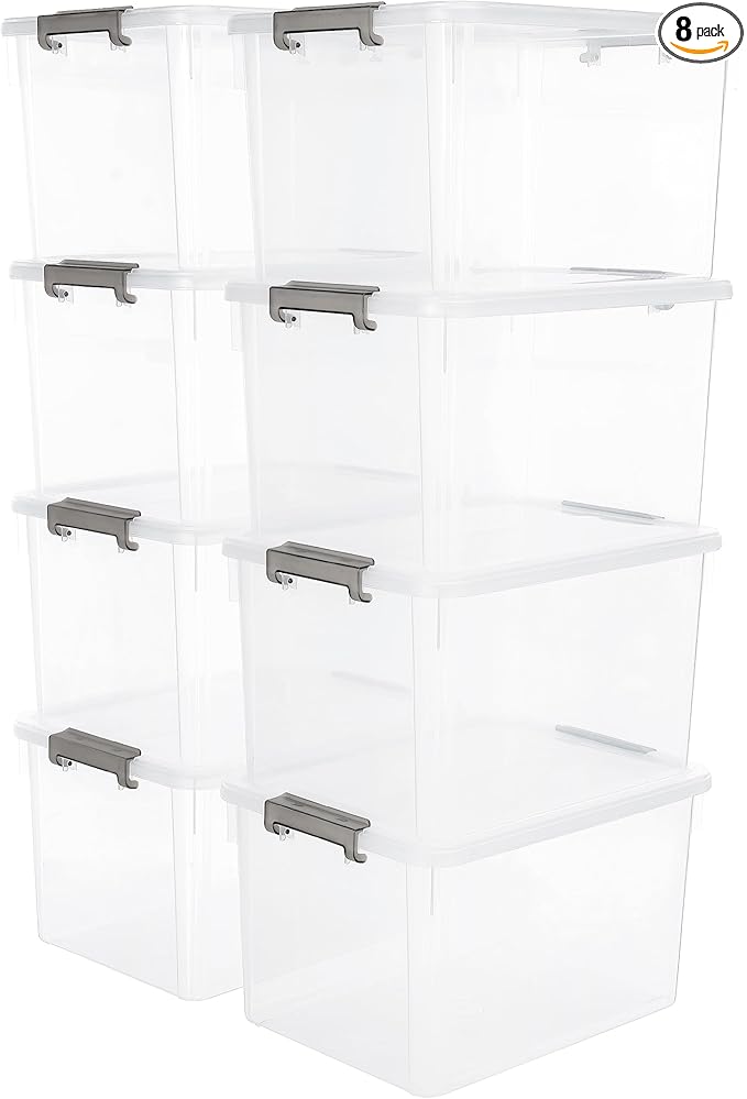 Citylife 32 QT Plastic Storage Bins with Latching Lids Stackable Storage Containers for Organizing Large Clear Storage Box for Garage, Closet, Kitchen, 8 Packs