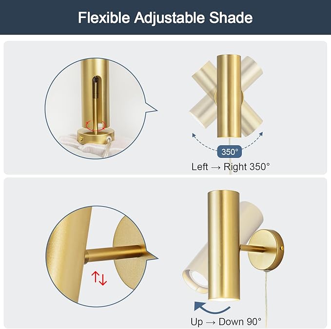 Ahaloye Gold Plug in Wall Sconce Set of 2, Modern Swing Arms Wall Lamp with Cord Wall Light for Bedroom Living Room (Bulb Included)