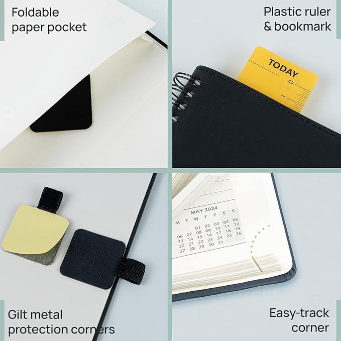 POPRUN Planner 2025-2026 (Medium - 6.5'' x 8.5'') Academic Weekly Calendar (July 2025 - June 2026) with Hourly Time Slots, Monthly Tabs, 100GSM Thick Papers, Spiral Leather Cover - Blue Green