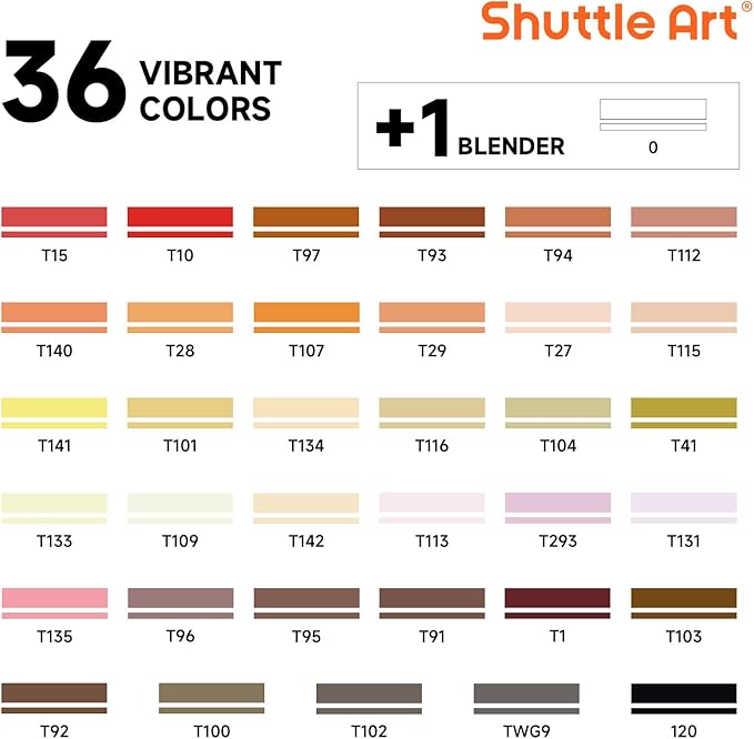 Shuttle Art 36 Colors Skin Tone&Hair Art Markers, Dual Tip Alcohol Based Marker Pen Set Contains 1 Blender 1 Carrying Case 1 Marker Pad Perfect for Kids & Adults Portrait,Comic, Anime, Manga