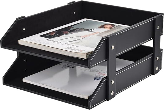 Leather Desk Organizer,2-Tier Stackable Letter Tray Holder,Office Supplies Desktop Storage Box for Document,Stationery,Magazines,Newspapers,Letters and Other Home Office Paper Sundries,Black