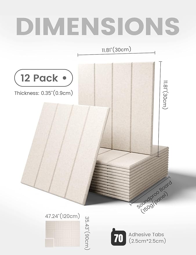 Fluxynara Felt Bulletin Board Tiles Large 48" x 36" Cork Board Alternative-12 Pack with 70 Adhesive Tabs, Thick Slat Wall Panels for Office Decor, Push Pin Board Wall Organizer Alternative -Oatmeal