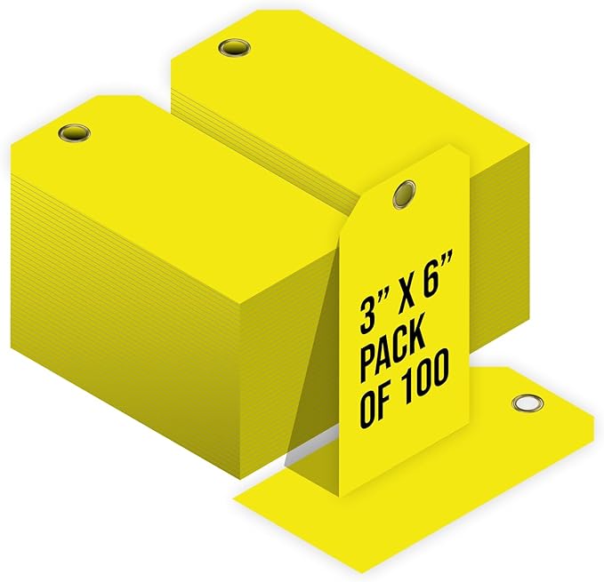 Tags 4 Less 15 Mil Waterproof Plastic Tags, Pack of 100 – 3” x 6” Heavy Duty Plastic Tags for Labeling, Outdoor Tagging, Equipment Labeling, Luggage, Valves & More (Yellow)