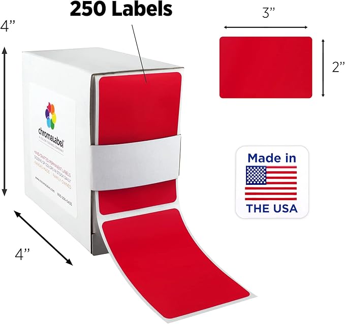 ChromaLabel 2 x 3 inch Permanent Color Code Rectangle Labels, 250 Labels per Dispenser Box, Red