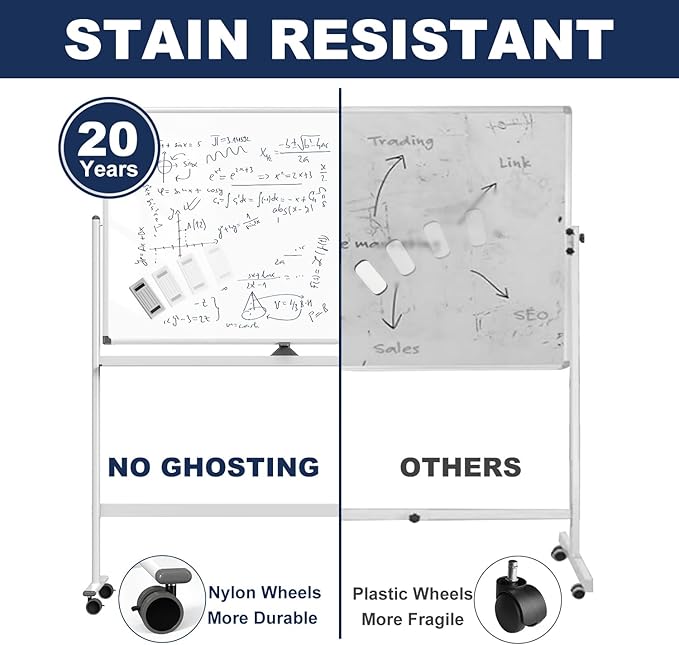 Large Dry-Erase Rolling Magnetic Whiteboard - 48 x 32 Inches Dry Erase Board with Stand Height Adjust Double Sides Mobile White Board Easel on Wheels with 25 Sheets Paper Pad Office, Home & Classroom