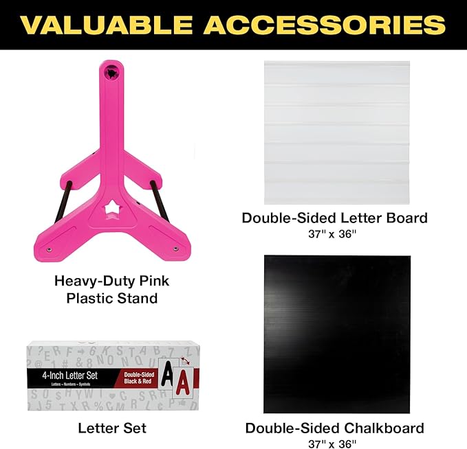 Swinging Changeable Message Sidewalk Sign 36″ x 37″ – Outdoor Advertising Sign Board with 792 Pre-Cut Double-Sided Letters & Storage Box – Heavy-Duty, Rust-Resistant Sidewalk Display for Businesses & Events (Pink Legs)