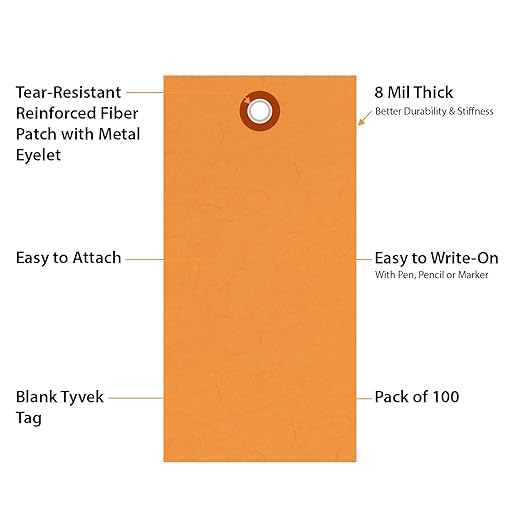 SmartSign (Pack of 100) 4.75 x 2.375 inch “Orange” Blank Tyvek Shipping Tags with Metal Eyelets, Size #5, 8 mil Thick Tyvek, Made in USA