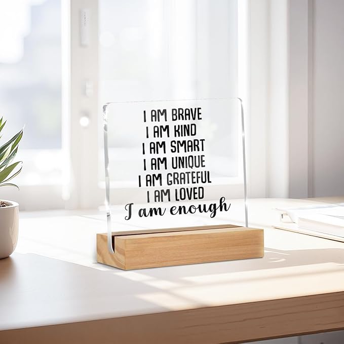 Positive Affirmations I Am Enough Desk Decor Acrylic Sign, Inspirational Gifts for Women Men, Motivational Desk Gadgets Table Top Cubicle Accessories Office Living Room Bedroom Decor