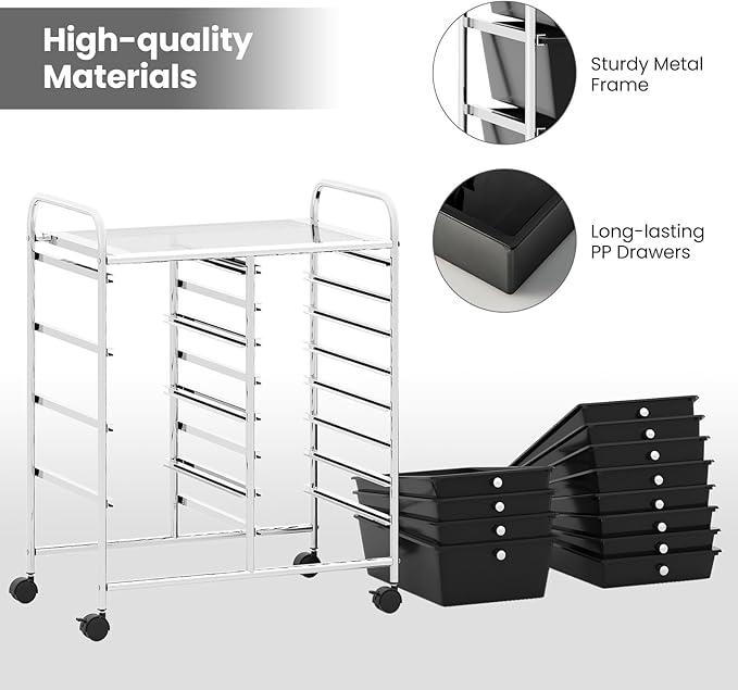 Giantex 12 Drawer Rolling Cart with Drawers, Storage Organizer Cart for Classroom Office School Teacher, Mobile Drawer Cart for Tools, Crafts, Small Printer, Black
