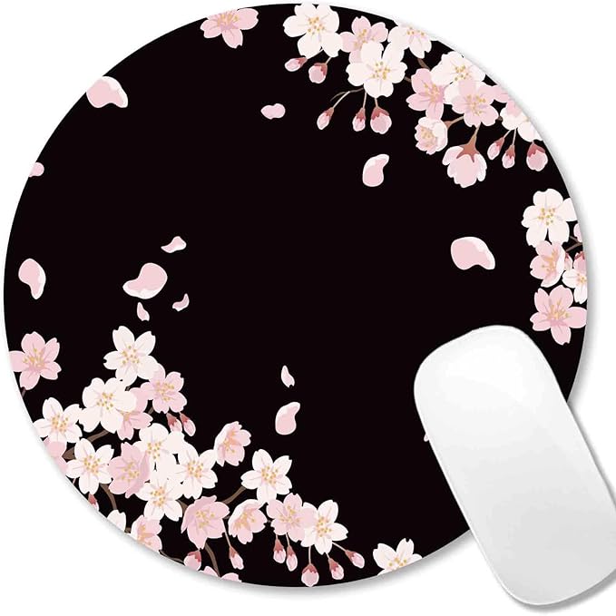 IMAYONDIA Cute Pink Flowers Mouse Pad, Floral Mouse Pads, Sakura Cherry Blossom on Black Round Mousepad, Aesthetic Desk Decor, Anti Slip Rubber Base Mice pad for Computer Office Girl, 7.9 x 7.9 Inch