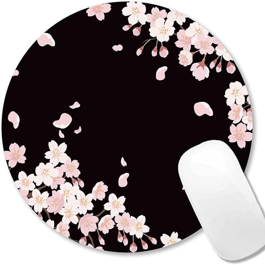 IMAYONDIA Cute Pink Flowers Mouse Pad, Floral Mouse Pads, Sakura Cherry Blossom on Black Round Mousepad, Aesthetic Desk Decor, Anti Slip Rubber Base Mice pad for Computer Office Girl, 7.9 x 7.9 Inch