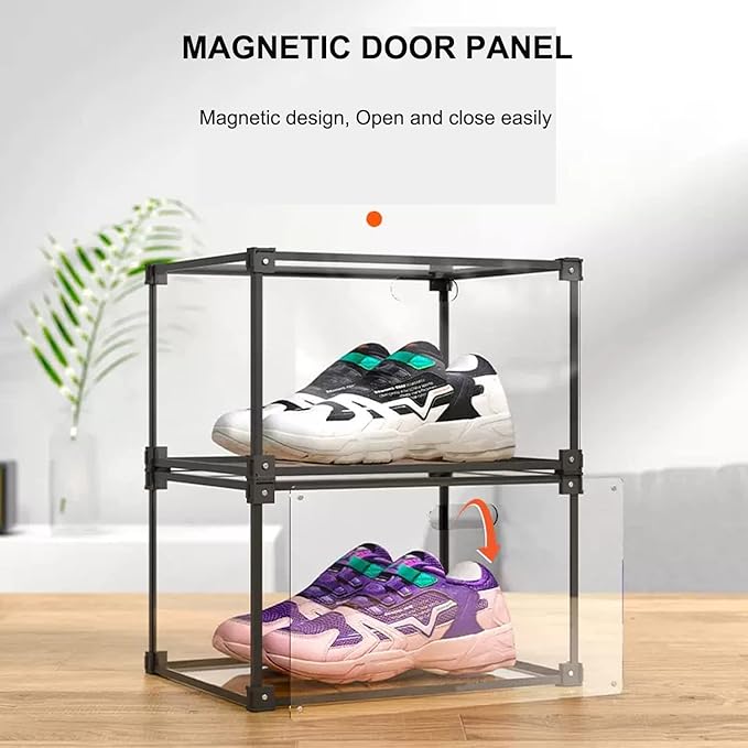KOKOIN Transparent Plastic Storage Clear Shoe Display Case Box Organizer - Magnetic Side Open, 16PC (Black)