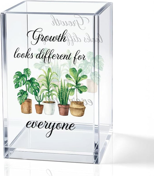 QYUVK Growth Looks Different for Everyone Acrylic Cosmetic Pencil Holder Cup, Funny Plant Pen Holder for Women Teacher, Home Office Classroom Desk Accessories, Inspirational Gifts for Coworker Friend