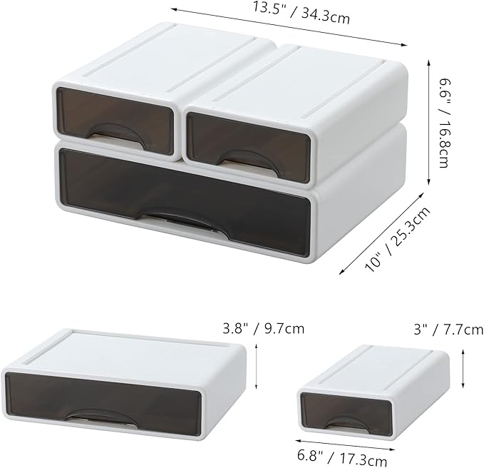 OSteed White Desktop Drawers for Paper, Stackable Office Storage Drawers for Desk, Craft Organizer and Storage Bins, 3 Mixed Storage Container with Plastic Drawers for Office Supplies