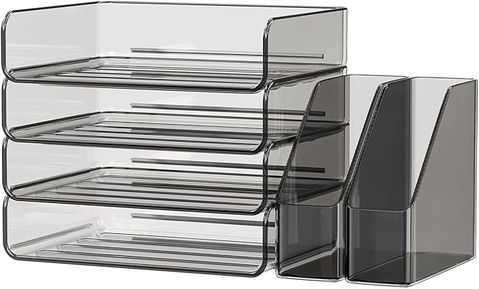 FANXIYQ Acrylic Paper Organizer with Movable Bookends, 4-Tier Stackable Paper Tray for Desk, Brown Clear File & Letter Tray Organizer Office