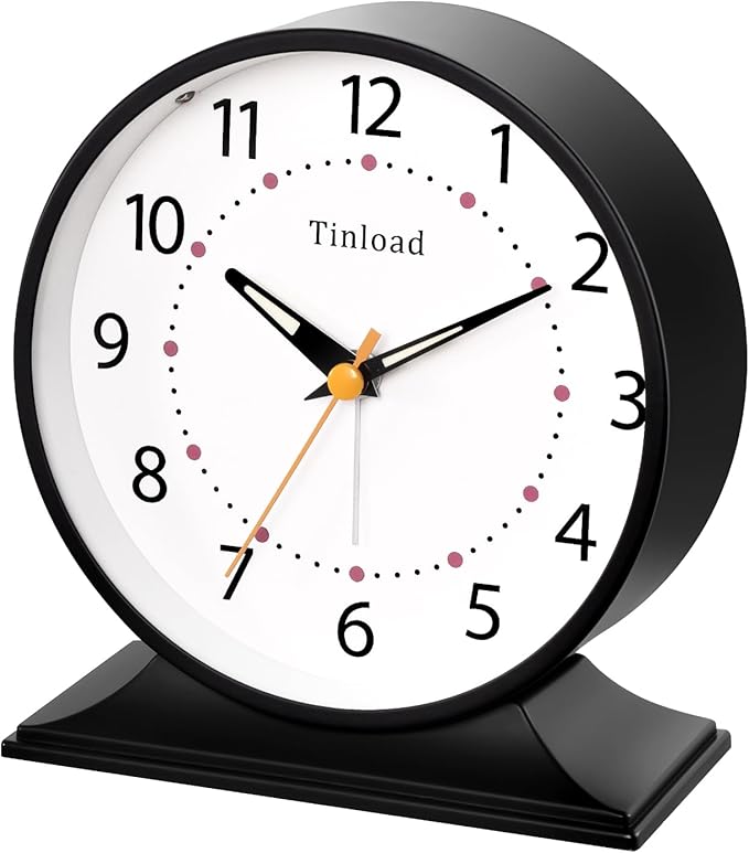 Tinload 4.5" Antique Retro Analog Alarm Clock, Small Silent Bedside Desk Clock with Manual Light, Battery Operated, Snooze, for Living Room, Bedroom, Bedside, Desk(Black)