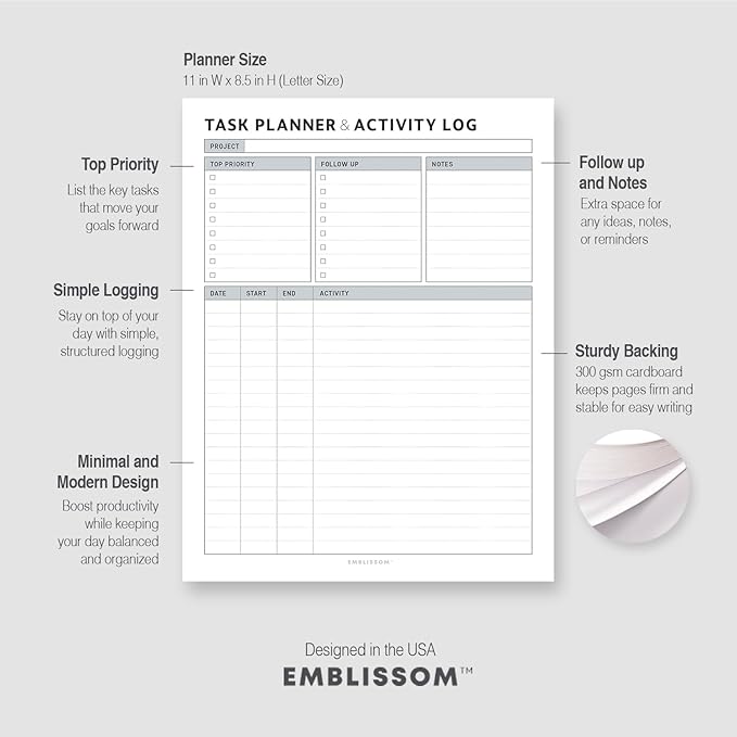 Task Planner & Tracker 8.5 x 11 Tear-Off 70 Sheet Planner Pad – Project Organizer with Time Log, Top Priority, Follow-Up – Notepad for Home & Office (White, Classic, 1 Pack)