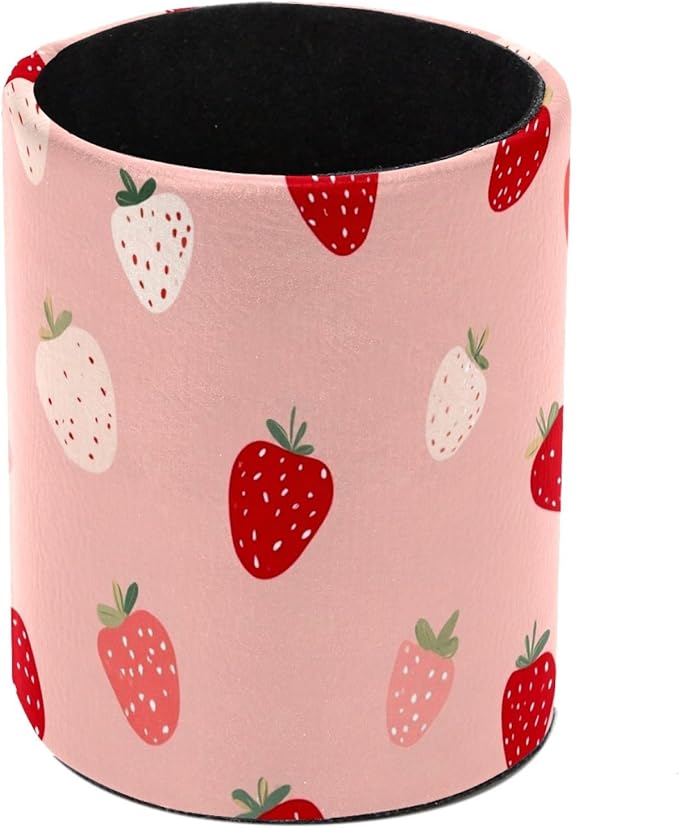 Leather Pen Holder for Desk Strawberries Pencil Cup Desktop Organizer Makeup Brush Holders Office Supplies for Home, Kids & School