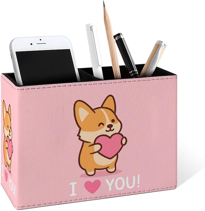 Famame Corgi I Love You Pencil Holder for Desk, Leather Desktop Container Pen Cup Storage Study Table Pen Organizer Makeup Brushes Holder for Office Home