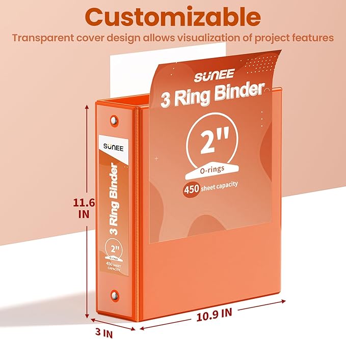 SUNEE 3 Ring Binder 2 Inch 1 Pack, Clear View Binder Three Ring PVC-Free (Fit 8.5x11 Inches) for School or Office Supplies, Orange