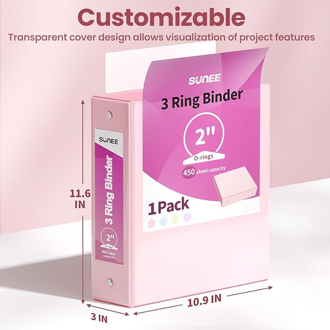 SUNEE 3 Ring Binder 2 Inch 1 Pack, Clear View Three Ring PVC-Free (Fit 8.5x11 Inches) for School or Office Supplies, Pink