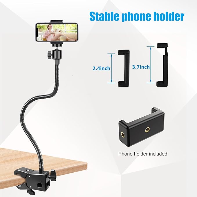 Khazylorr Webcam Stand, Webcam Mount Gooseneck Arm with Phone Holder Web Camera Stand Desk Mount Clip Clamp for Logitech Webcams C922 C930e C920S C920 C615 C960 C920x BRIO 4K NexiGo N60 and More