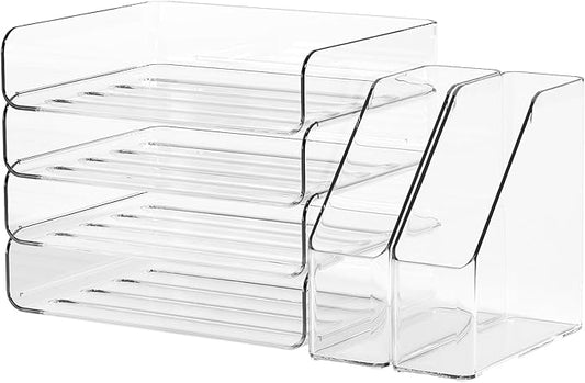 FANXIYQ 4-Tier Clear Acrylic Paper Tray Organizer for Desk with 2 Matching Bookends – Stackable Letter Tray Set, Stackable Paper Trays, Acrylic Desk Accessories/File Organizer, Office Organizer