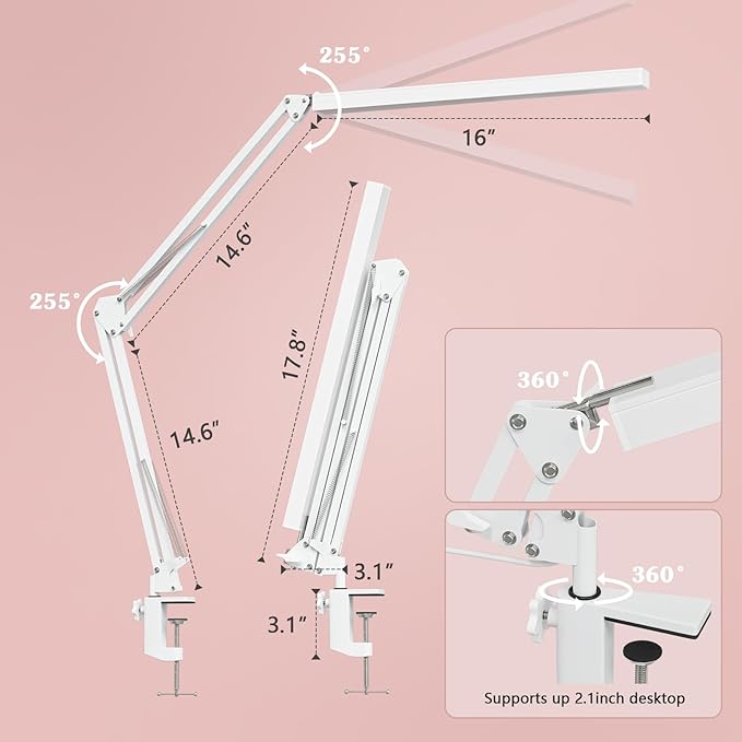 BZBRLZ LED Desk Lamp, Manicure Table Lamp, 16" Lamp Head, Dimmable Eye-Caring Drafting Light with 3 Color Modes, 10 Brightness Levels & Adapter, Memory Function(White)