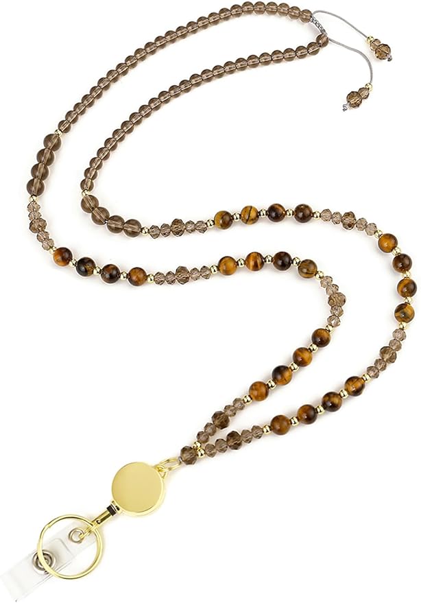 AIDSOTOU Lanyards for ID Badges and Keys,Natural Stone Beaded Teacher Lanyard for Women,Retractable Lanyard with ID Holder Cute Lanyards for Teachers (Brown)