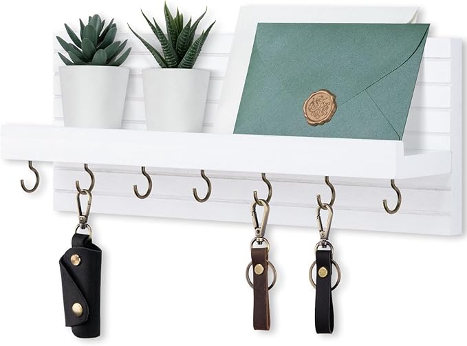 Lwenki Decorative Key Holder for Wall with Shelf, Entryway Shelf with Hooks Holds Leashes, Jackets and Glasses – Sturdy Wood Keyholder Entrance Hanger with Mounting Hardware (White, Large)