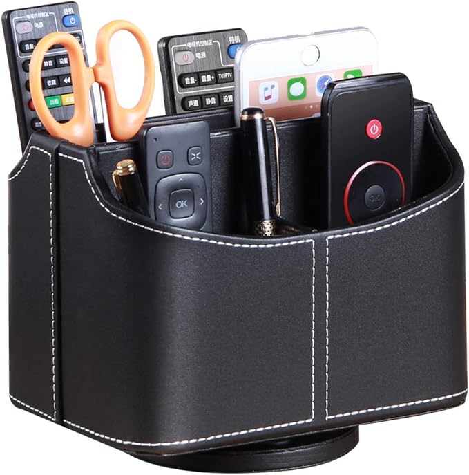 Remote Control Holder 360 Degrees Rotatable Desk Stationery Supply Organizer PU Leather Desktop Storage Box for Controllers Media Bedside Spinning TV Caddy iPad Mobile Pencil Cosmetic