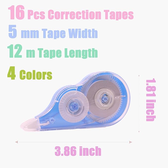Tramboo 16 Pcs 39.4 Ft Colorful Correction Tape, White Wrong Out Tape Roller Bulk for Noting, Teacher Supplies, School, Office and Home (4 Colors)