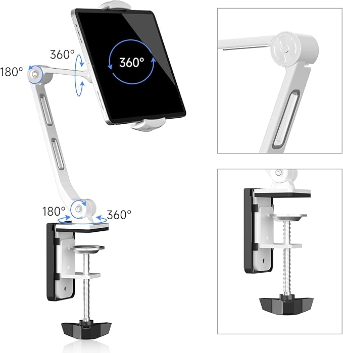 suptek Aluminum Tablet Desk Mount Stand 360° Flexible Cell Phone Holder for iPad, iPhone, Samsung, Asus and More 4.7-11 inch Devices, Good for Bed, Kitchen, Office (YF208BW)