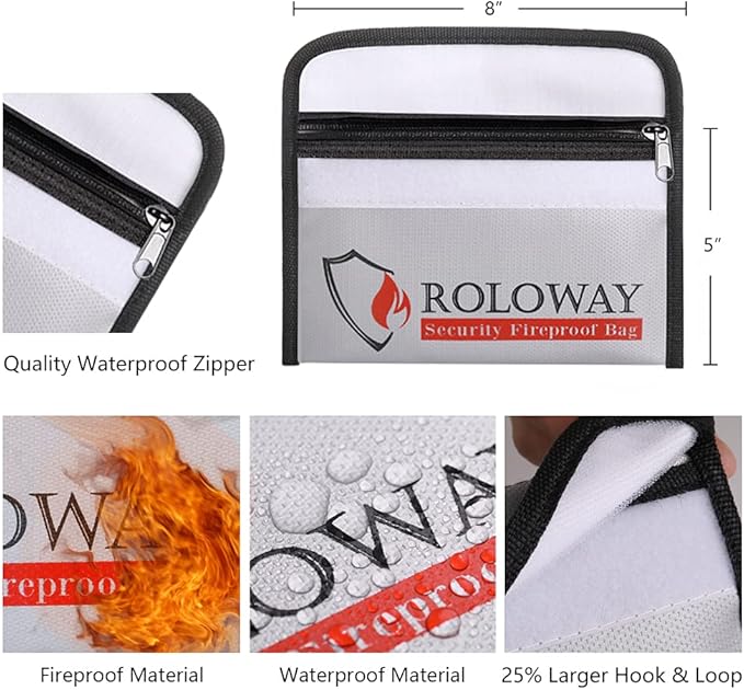 ROLOWAY Small Fireproof Bag (5 x 8 inches), Non-itchy Fireproof Money Bag for Cash, Valuables, Passport, Currency & Keys (2-Pack Silver)