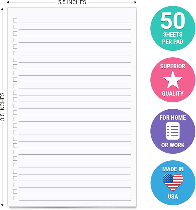 321Done Checklist Notepad Planning Pad - 50 Sheets (5.5x 8.5) To Do Tear Off, Checkbox List - Made in USA - Blank Plain White