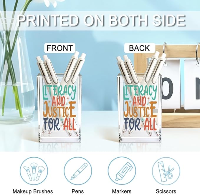 QYUVK Literacy And Justice For All Acrylic Makeup Brush Pencil Holder Cup, Social Justice Gifts for Women Sister Friend Coworker, Stop Book Banning Protect Librarian, Pen Holder for Desk Accessories