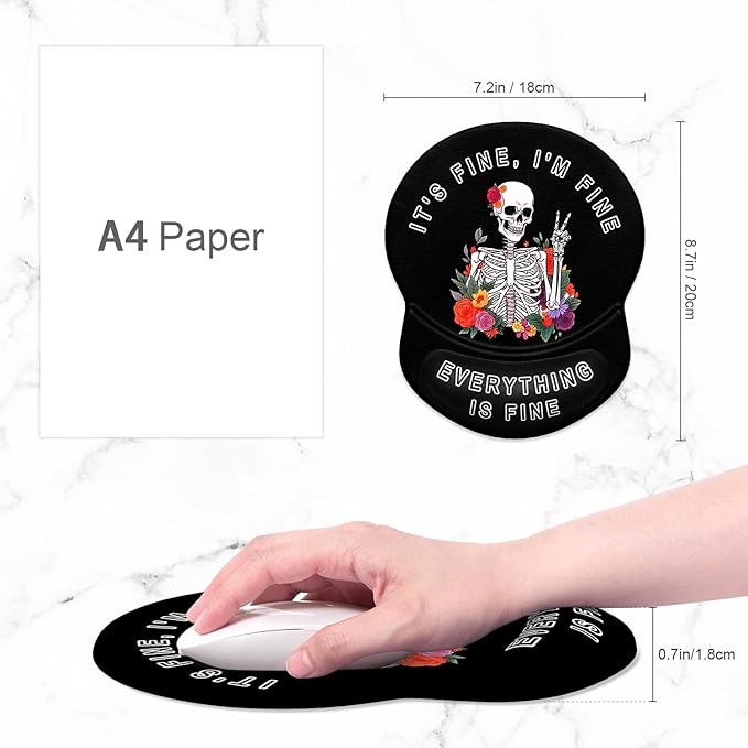 ITNRSIIET Ergonomic Mouse Pad with Gel Wrist Support Small Wrist Rest Smooth Surface Non-Slip PU Base Comfortable Office Supplies Pain Relief, 8.7 x 7.2 inches, Flower Skull