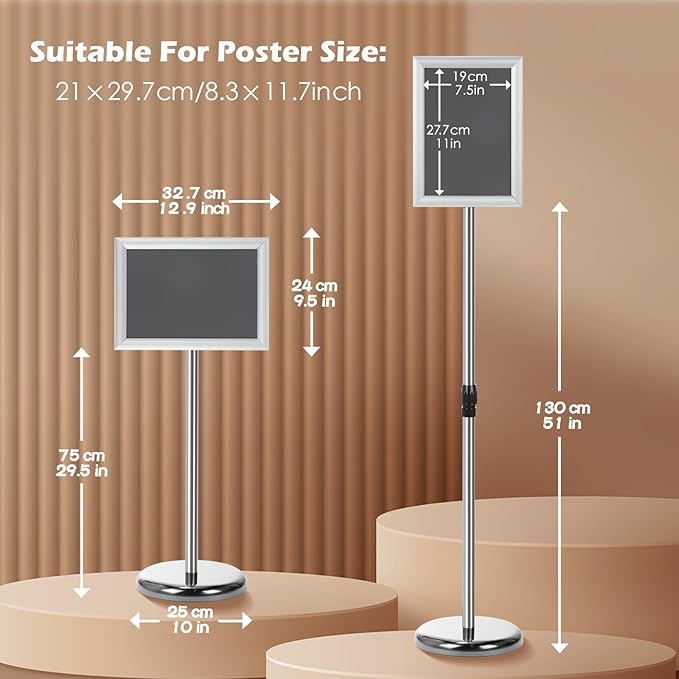 LEIFIDE 4 Pack Sign Holder Stand 8.5 x 11'' Adjustable Heavy Duty Pedestal Floor Sign Holder Poster Stand for Outdoor Indoor Advertising, Rotatable, Vertical & Horizontal View Displayed(Silver)