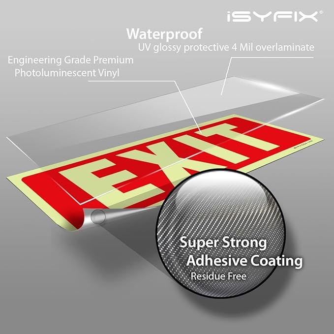 iSYFIX Exit Glow in the Dark Sign Stickers – 2 Pack 12x4 Inch – Photoluminescent Vinyl, Laminated for UV, Weather & Fade Resistance, Indoor & Outdoor for Business, School, Office, Warehouse