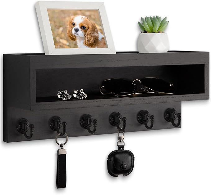 Lucundm Key and Mail Holder Wall Mount, Key Hanger with Long Storage Box and 6 Hooks for Coat, Dog Leash, Home Decor Rack, House Accessories, Entry Way Organizer (Black)