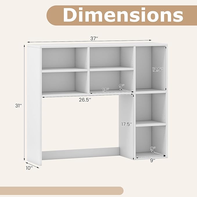 Tangkula Desktop Bookshelf, 37" Countertop Storage Hutch with 7 Cubes & 3 Adjustable Shelves, 3-Tier Desk Display Rack Organizer, Multipurpose Wood Desktop Hutch for Dorm Home Office (White)