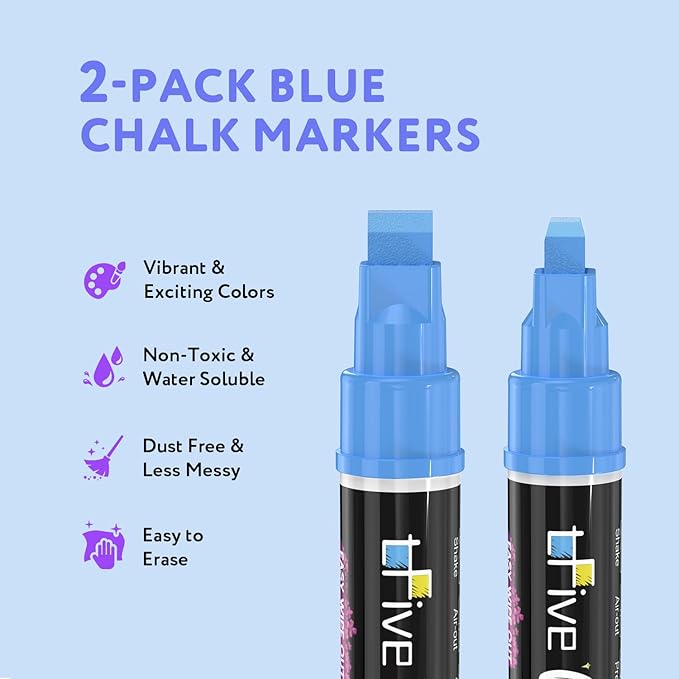 TFIVE Blue Liquid Chalk Markers - 2 Pack Jumbo Chalk Pens with 10mm 3 in 1 Nib Wide Tips, Dry & Wet Erase Marker Pens for Glass, Chalkboard, BlackBoard, Windows, Calendar, Pumpkin, Mirror