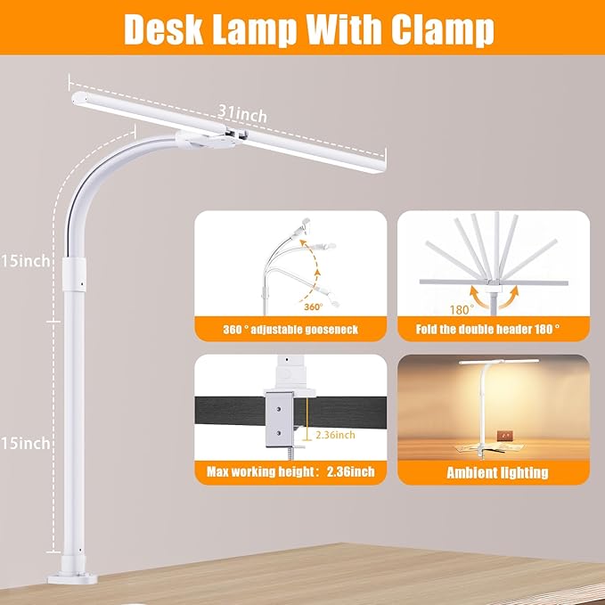 AKRRYR Led Desk Lamp for Home Office,24W Bright Eye-Caring Desk Light with Clamp,5 brightness and 5 temperatures Dimmable Workbench Task Light, Adjustable Gooseneck Table Lamp for Monitor Study(white)