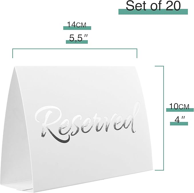 20 Pack Modern White Reserved Table Sign with Silver Letters - Reserved Signs For Wedding - Wedding Accessories - Tent Signs For Reserving Seats & Places - Place Cards for Party, Event