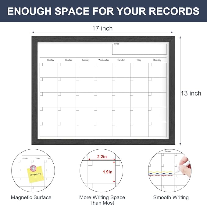 Dry Erase Calendar for Wall, 17x13 Inches Calendar Whiteboard for Wall, Small Magnetic Monthly White Board with Wood Framed, Hanging Dry Erase Board for Kitchen Home Office School Planner