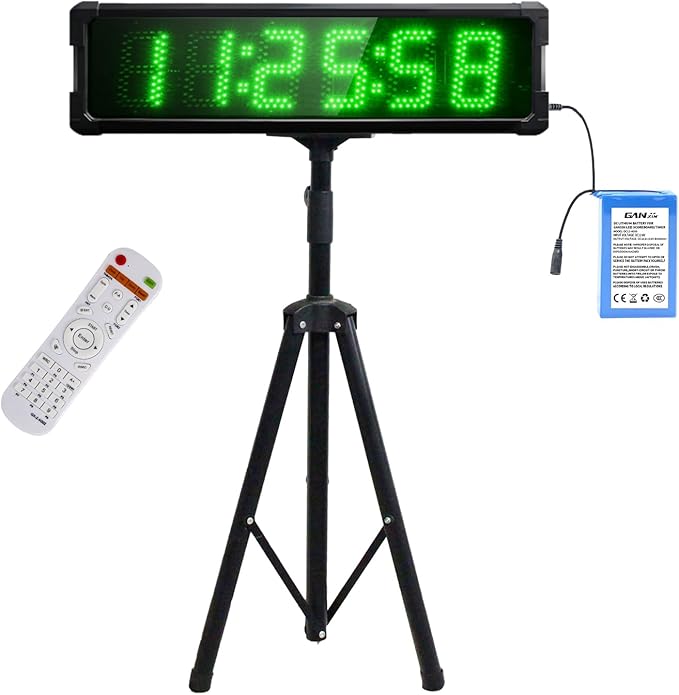 Large LED Display Digital Race Timer with Battery,Function-Countdown/Up/Time Clock, Remote Control, Tripod Stand and Adjustable Brightness for Sports Events, Races, Meetings, (Green)