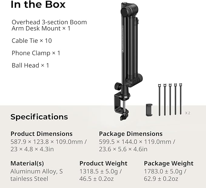 SMALLRIG Overhead 3-Section Desktop Camera Bracket, Damping Boom Arm Desk Mount with 360 Rotatable Ball Head, Tabletop C Clamp, Max Load to 4.4lbs / 2kg for Photography Videography Live Stream