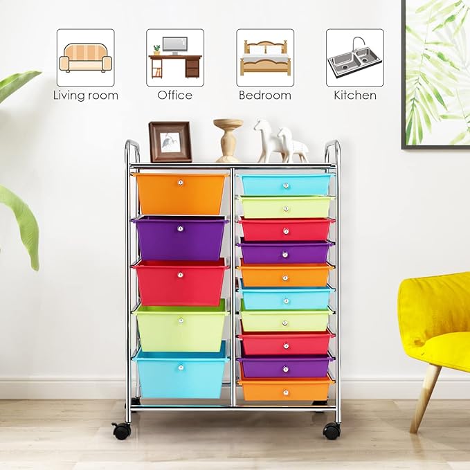 LDAILY 15 Drawer Rolling Storage Cart, Rolling Cart with Drawers for Classroom, Art Supply Craft Organizer on Wheel with Metal Frame & Handles for Home Office School