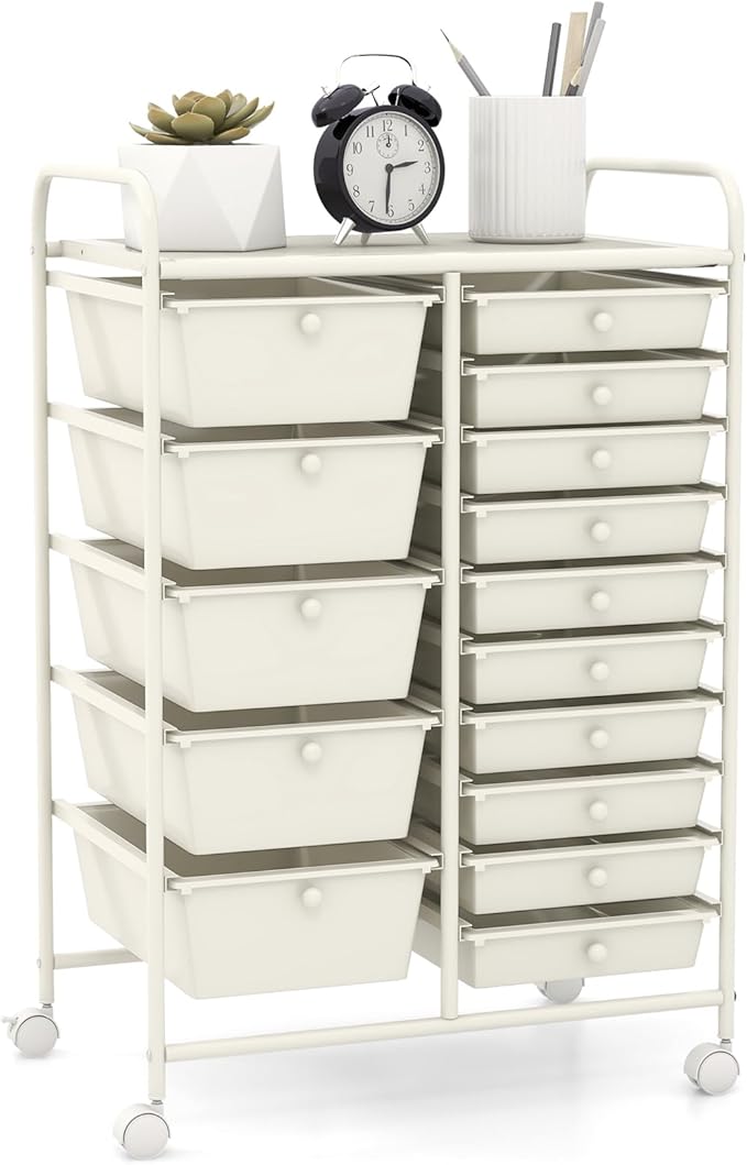 GOFLAME 15-Drawer Rolling Storage Cart, Craft Storage Cart with Removable Drawers & Lockable Wheels, Art Cart Supply Storage Organizer for Home Office Classroom, White