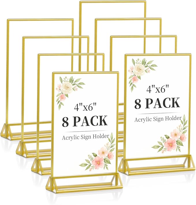 Dynta Acrylic Sign Holder 4x6 8 Pack Double Sided Clear Plastic Display Stands, Tabletop Menu Holder, Flyer Display for Wedding, Party, Restaurant, Office, Retail (Gold Frame)